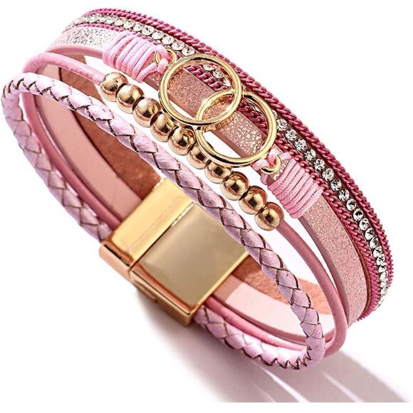 Designer Pink and Gold Interlocked Rings Braided Multi-strand Bracelet - Picture 1 of 7